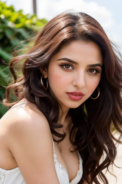A woman with long, wavy brown hair and gold hoop earrings is shown from the shoulders up. She is wearing a white top with lace detailing. Her face is visible, and she is looking d…