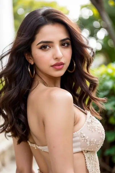 A woman with long, wavy brown hair and large gold hoop earrings is shown from the waist up. She is wearing a light-colored, embellished top that is strapless and exposes her shoul…