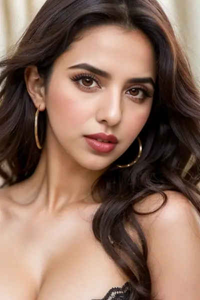 A woman with long, wavy dark hair is shown from the shoulders up. She is wearing large gold hoop earrings and a black lace top, revealing her collarbones and upper chest. Her face…