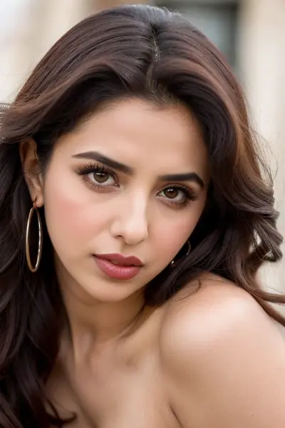 A woman with long, wavy dark hair is shown from the shoulders up. She is wearing large gold hoop earrings and has a neutral facial expression while looking directly at the camera.…
