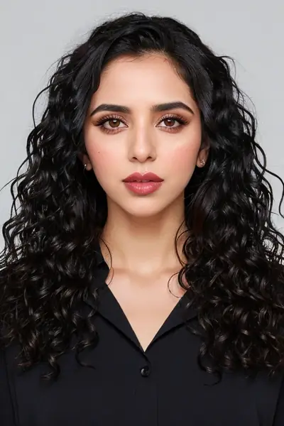 A woman with long, voluminous black curly hair is shown from the chest up. She is wearing a black button-up shirt. Her face is visible, with makeup including defined eyebrows, eye…