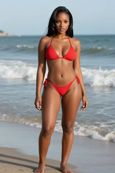 A woman with black hair and a curvy body type is standing on a sandy beach. She is wearing a red bikini with tie-side bottoms and a triangle top. Her face is visible, and she is l…