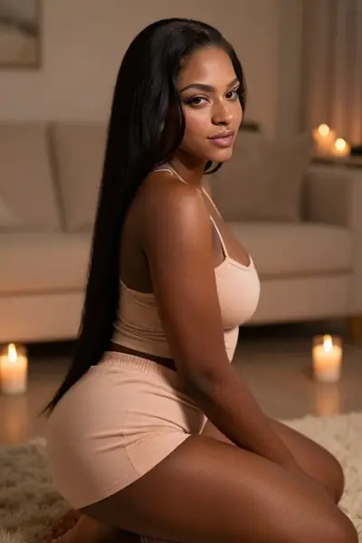 A woman with long black hair is kneeling on a rug. She is wearing a beige tank top and matching shorts. Her body is partially turned, showing her side profile as she looks toward …