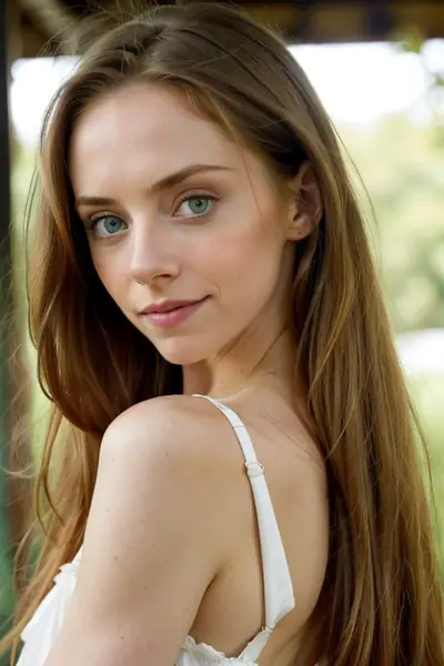 A young woman with long brown hair and blue eyes is shown from the shoulders up, looking directly at the camera with a slight smile. She is wearing a white top with thin straps. H…