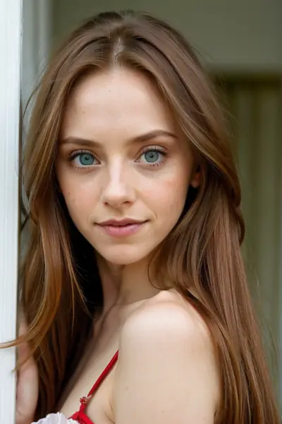 A young woman with long brown hair and blue eyes is leaning against a white door frame. She is wearing a red top with thin straps, exposing her shoulders and collarbone. Her face …