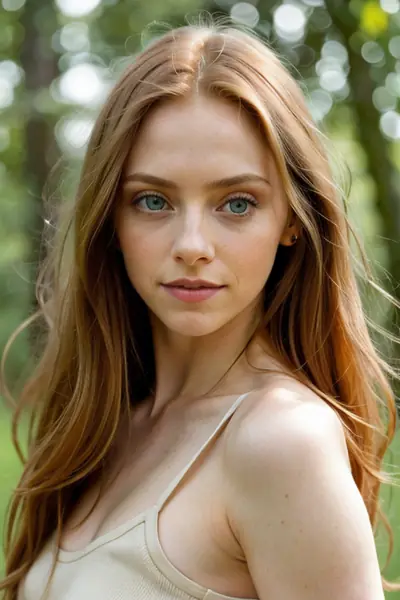 A woman with long, wavy blonde hair and blue eyes is shown from the chest up. She is wearing a light-colored tank top with thin straps. Her face is visible, and she is looking dir…