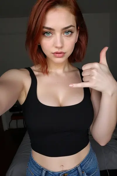 A young woman with short red hair and blue eyes looks directly at the camera. She is wearing a black ribbed crop top and blue jeans. Her right hand is raised, making a 'call me' h…