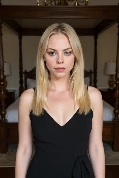 A woman with blonde, shoulder-length hair and blue eyes is standing and facing forward. She is wearing a black sleeveless dress with a V-neck and a tied waist. Her face is visible…