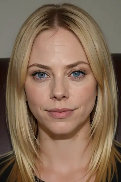 A woman with blonde, straight, shoulder-length hair and blue eyes is shown in a close-up shot. She is looking directly at the camera with a neutral facial expression. Her face, ne…