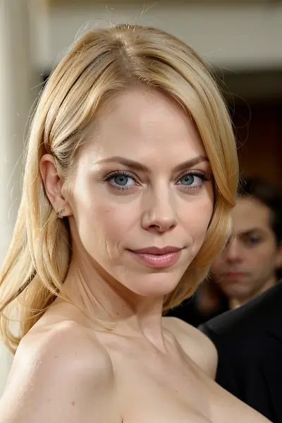 A woman with blonde hair and blue eyes is shown in a close-up shot. She is wearing a strapless top, exposing her shoulders and collarbone. Her facial expression is neutral with a …