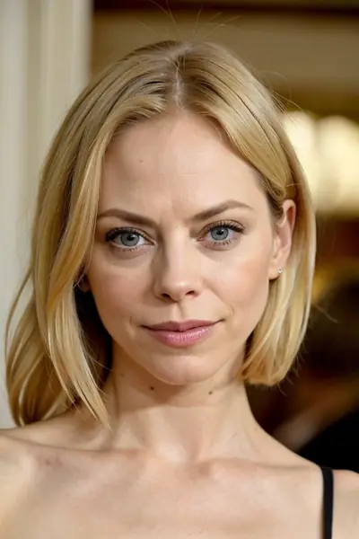 A woman with blonde, shoulder-length hair and blue eyes is shown from the shoulders up. She is wearing a black top, with straps visible on her shoulders. Her face is turned toward…