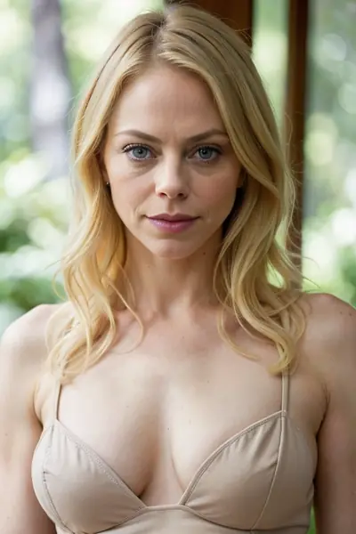 A blonde woman with blue eyes and wavy hair is wearing a beige bra top. She is looking directly at the camera with a neutral expression. Her face, shoulders, and upper chest are v…