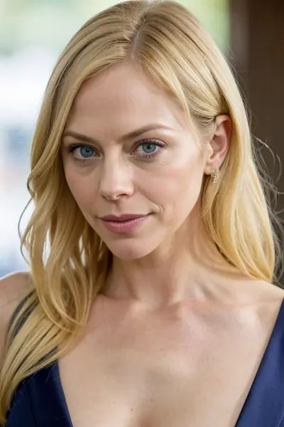 A woman with long blonde hair and blue eyes is shown from the shoulders up. She is wearing a dark blue top with thin straps. Her face is visible, showing a neutral expression with…