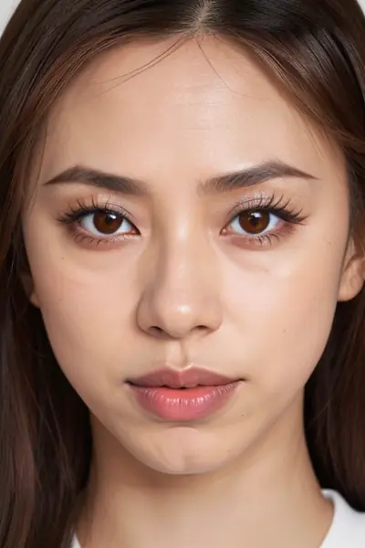 The image shows the face and upper neck of a woman. She has brown hair, brown eyes, and is wearing light makeup including eyeliner and lipstick. Her lips are slightly parted. She …