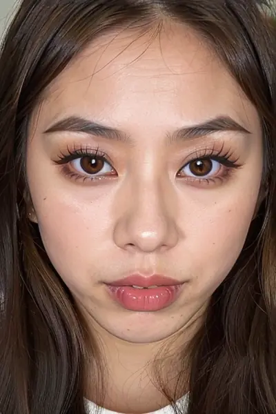 The image shows the face of a woman with brown hair, brown eyes, and makeup including eyeliner and lipstick. Her lips are slightly parted. A small portion of a white top is visibl…