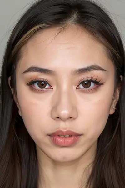 A woman with long dark hair, brown eyes, and makeup including eyeliner and lipstick. Her face is fully visible, and she is looking directly at the camera with a neutral expression…
