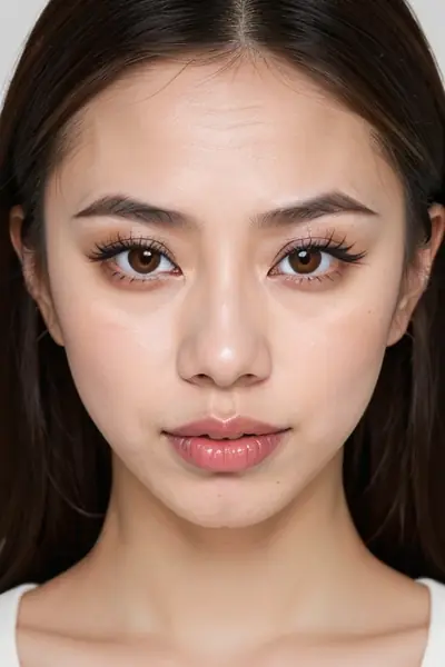A woman with dark hair, brown eyes, and makeup is shown from the shoulders up. Her face is centered in the frame, and she is looking directly at the camera with a neutral expressi…