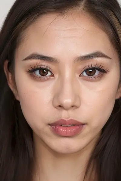 A woman with long dark hair, brown eyes, and makeup including eyeliner and lipstick, is shown in a close-up shot. Her face is fully visible, and she is looking directly at the cam…