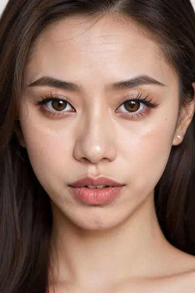 A woman with long brown hair, brown eyes, and makeup is shown from the shoulders up. Her face is centered in the frame, and she is looking directly at the camera with a neutral ex…