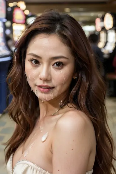 A woman with long brown hair is shown in a close-up. Her face and upper chest are covered in a white, creamy substance that is dripping down her cheeks and neck. She is wearing a …