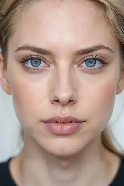A woman with blonde hair pulled back, blue eyes, and fair skin is shown in a close-up shot. She is wearing a black top and has a neutral facial expression. Her lips are slightly p…