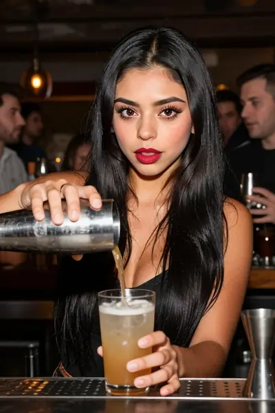A woman with long black hair, wearing a black top, is pouring a light brown liquid from a metal cocktail shaker into a glass filled with ice. Her face is visible, showing red lips…