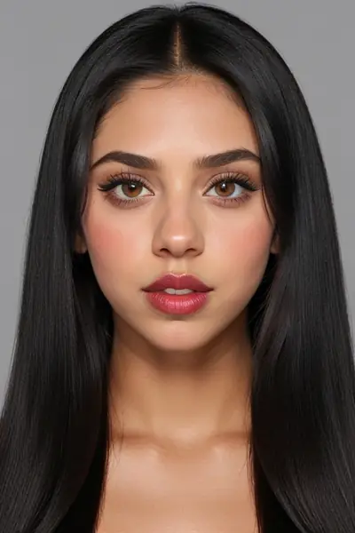 A woman with long black hair, brown eyes, and red lipstick is shown from the chest up. Her face is centered in the frame, and she is looking directly at the camera with a neutral …