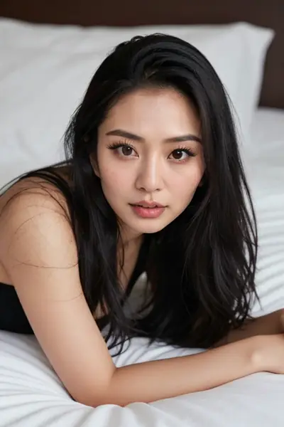 A woman with long black hair is lying on her stomach on a bed with white sheets. She is wearing a black top and looking directly at the camera. Her face is visible, showing her ey…