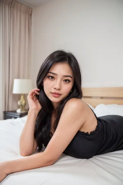 A woman with long black hair is lying on her stomach on a bed with white sheets. She is wearing a black top with lace trim and is looking directly at the camera. Her right hand is…