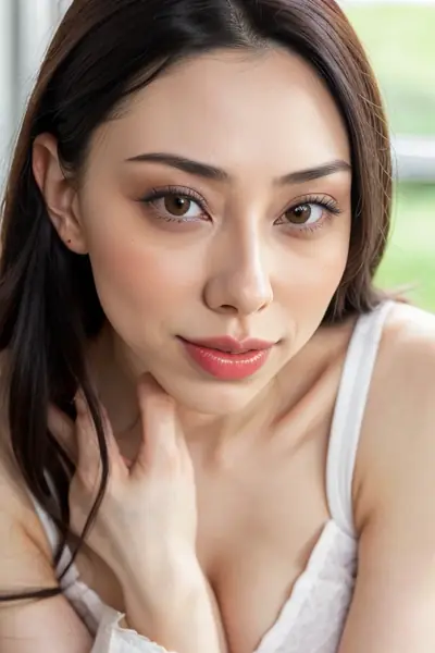 A woman with dark, shoulder-length hair and brown eyes is shown in a close-up. She is wearing a white top with thin straps and lace detailing. Her right hand is gently touching he…
