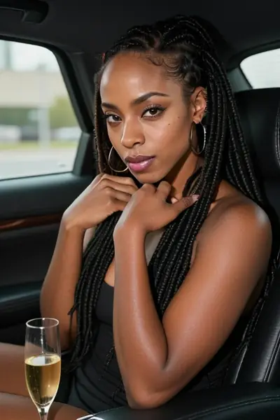 A Black woman with long black braids and large hoop earrings is seated in the passenger seat of a car. She is wearing a black top and has her hands near her neck. A champagne flut…