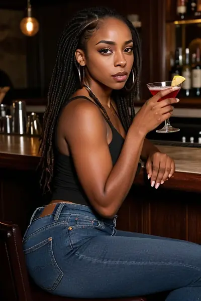 A woman with long black braided hair and large hoop earrings is seated at a bar. She wears a black tank top and blue jeans, with her right hand holding a martini glass containing …