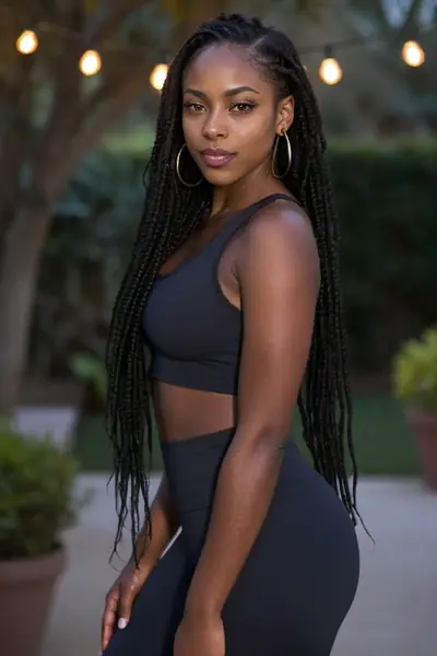 A Black woman with long, dark braids and large hoop earrings is standing outdoors. She is wearing a black sports bra and matching leggings. Her body is visible from the waist up, …