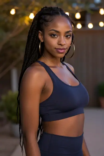 A woman with long, dark braided hair and large gold hoop earrings is standing and looking at the camera. She is wearing a dark blue sports bra and matching bottoms, revealing her …
