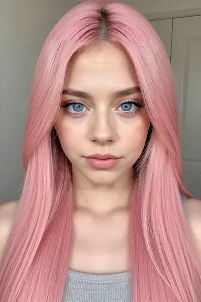 A young woman with long, straight pink hair and blue eyes is shown from the chest up. She is wearing a gray top and has a neutral facial expression. Her hair is parted in the midd…