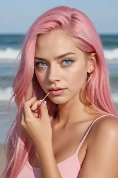 A woman with long pink hair and blue eyes is standing on a beach. She is wearing a pink tank top and holding a cotton swab near her lips. Her face is visible, showing a neutral ex…