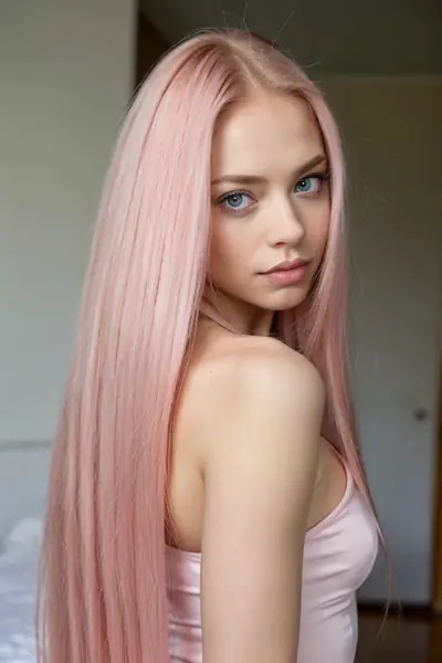 A woman with long, straight pink hair and blue eyes is shown from the shoulders up. She is wearing a light pink strapless top. Her face is turned slightly to the side, looking dir…